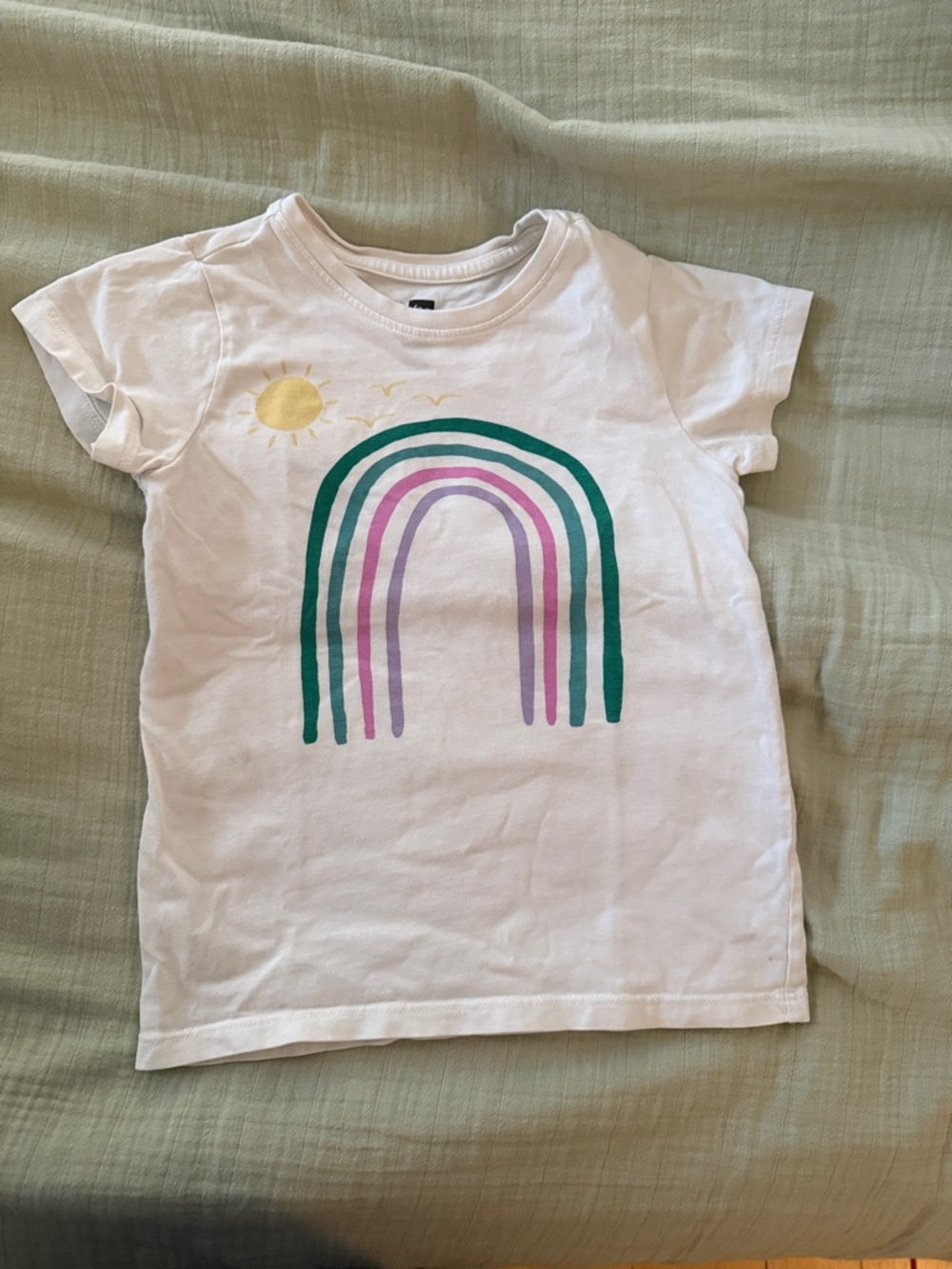 Tea Collection White Tee with Teal, Purple, Pink & Yellow Rainbow Graphic
